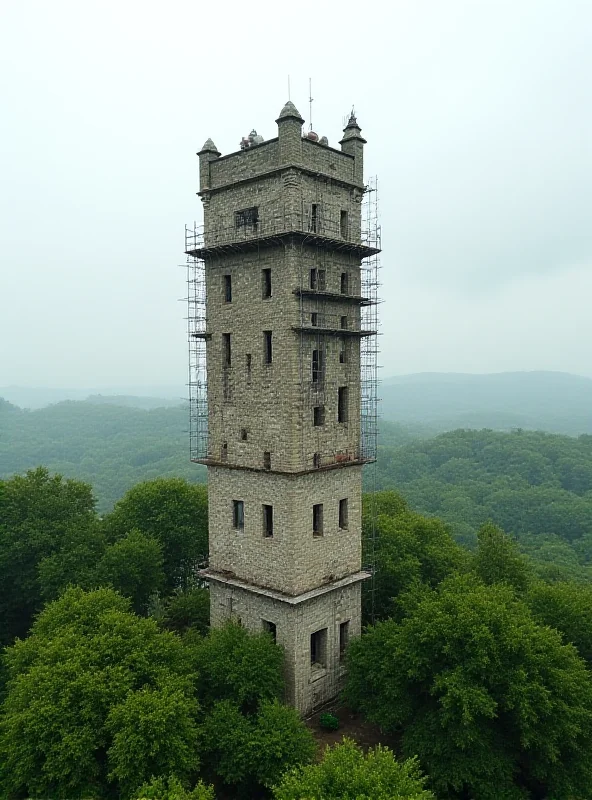 A tall, historic stone observation tower on a hilltop, surrounded by lush green forest under a cloudy sky. Construction scaffolding is visible on one side.