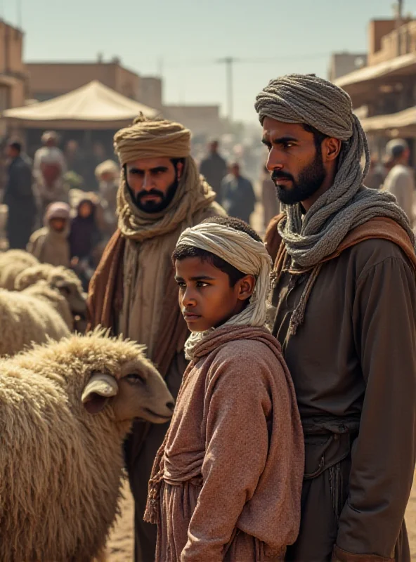 A family in Morocco looking at sheep for sale, with concerned expressions, reflecting the economic hardship.