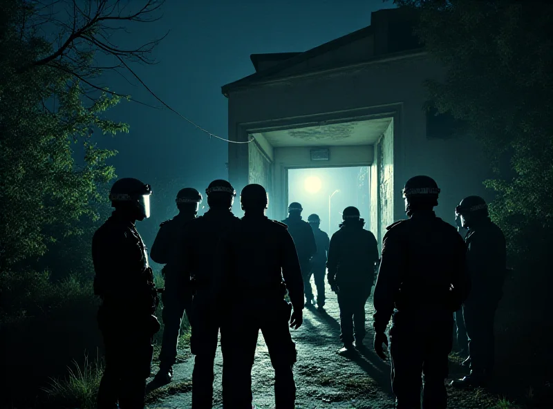 A nighttime scene of a group of police officers stopping people from entering a dilapidated building. The building is dimly lit, and the surrounding area is overgrown with vegetation. The overall atmosphere is tense and chaotic.