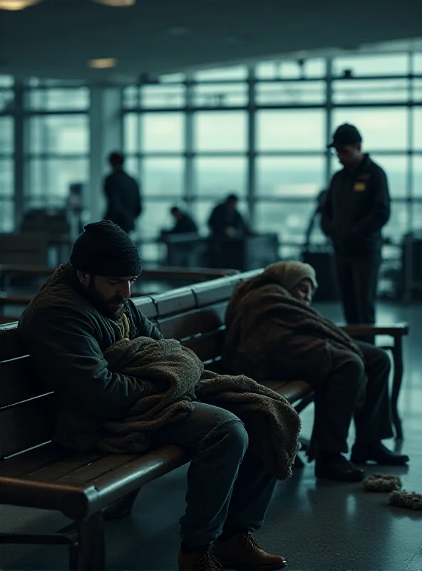 A somber scene depicting several homeless individuals sleeping on benches inside a modern airport terminal. The lighting is harsh, and the atmosphere is one of desperation and neglect. Some people are wrapped in blankets, while others are simply lying on the cold, hard benches. Security personnel are visible in the background, maintaining a watchful presence.
