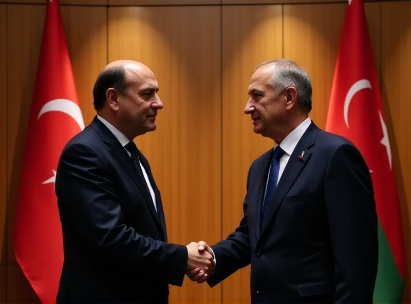A formal meeting between two presidents. One is Ilham Aliyev, the President of Azerbaijan, and the other is the President of FC Barcelona. They are shaking hands in a well-lit room with flags of both Azerbaijan and FC Barcelona in the background. The atmosphere is professional and cordial.