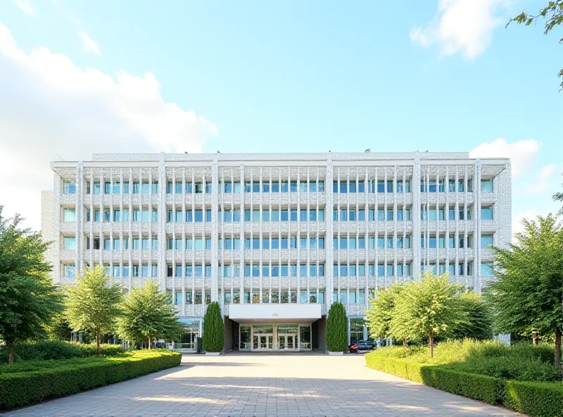 Exterior view of the Motol University Hospital in Prague on a sunny day, showcasing its modern architecture.
