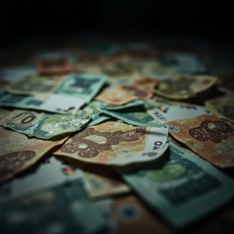 Close-up shot of Czech currency (banknotes) arranged in a disorderly manner, suggesting the chaotic and illicit nature of the bribery allegations.