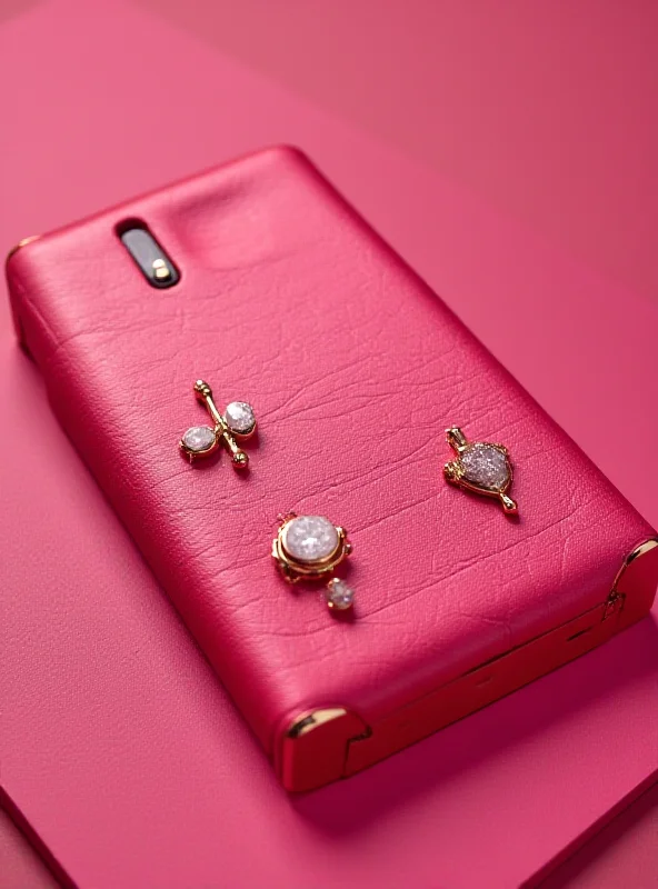 Close-up of the Motorola Razr+ Paris Hilton Edition, showcasing its Paris Pink color, vegan leather finish, and custom accessories. The phone is partially folded to highlight its unique design and the overall aesthetic is luxurious and eye-catching.