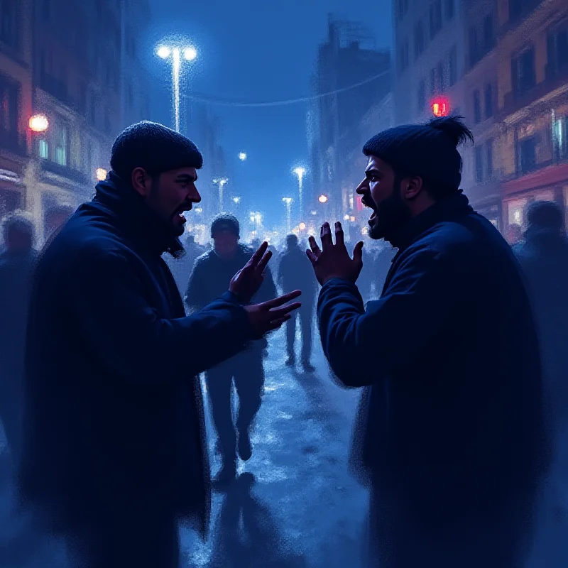 A blurred image of a street fight at night, focusing on two men arguing intensely.