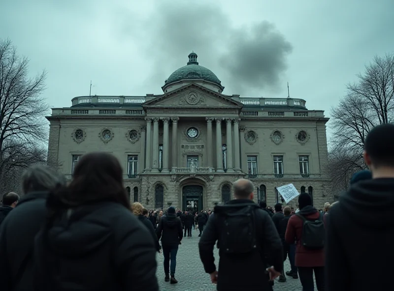 A parliament building with smoke billowing from the windows.
