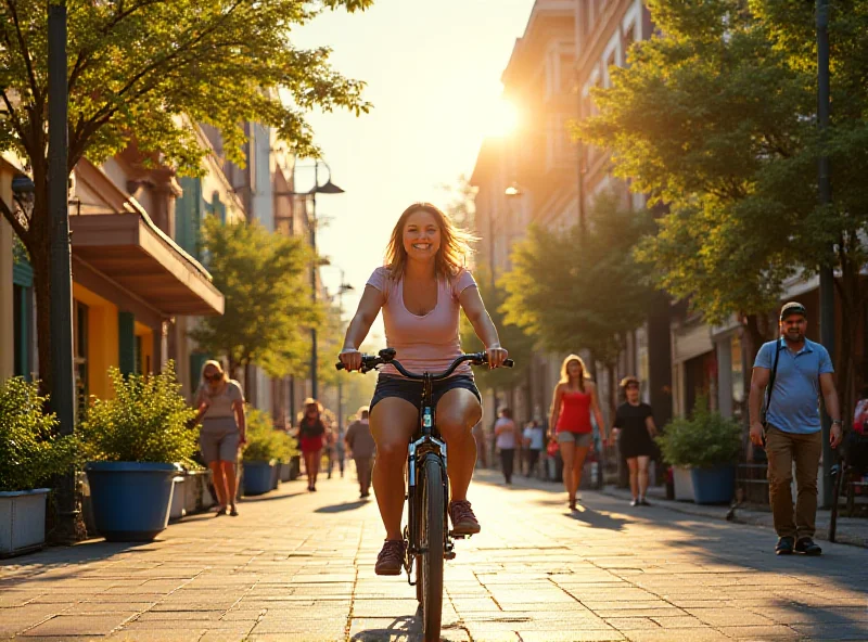 A person happily riding a bicycle through a vibrant, pedestrian-friendly city center.