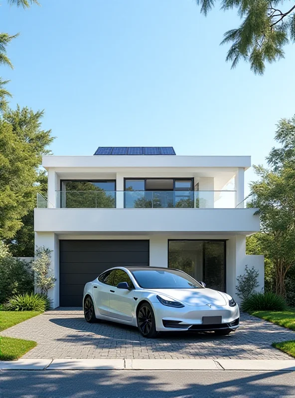A Tesla car parked in front of a modern house with solar panels on the roof.