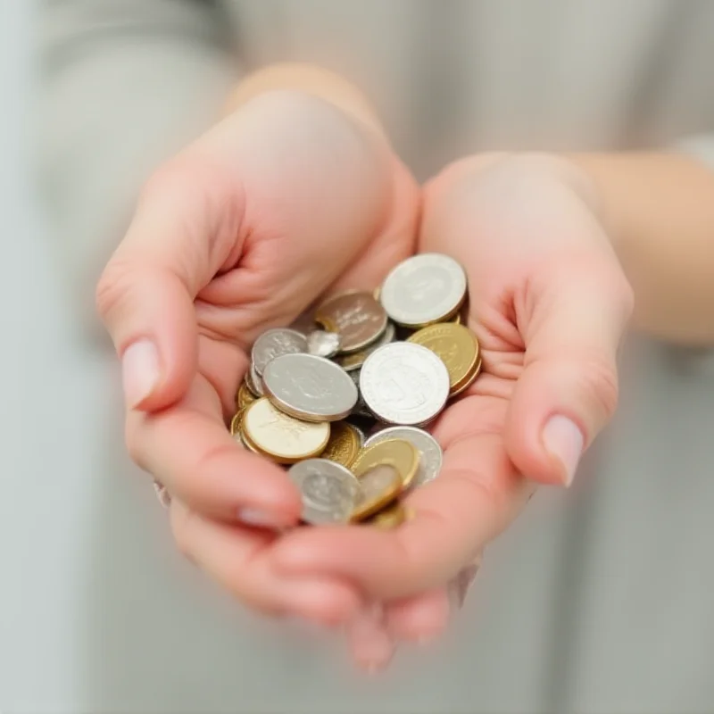A person holding a handful of coins, symbolizing frugality and money-saving.