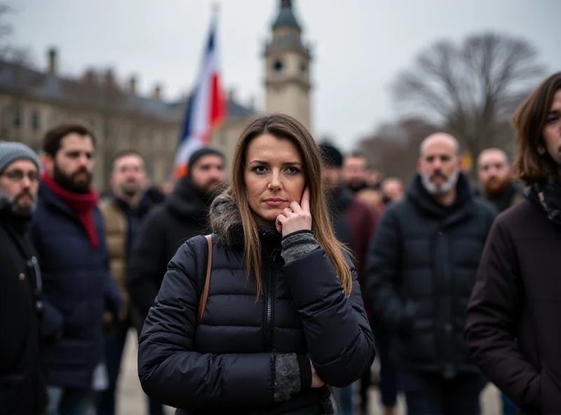 A group of concerned citizens gathered in a public square in Mulhouse, France, discussing the recent knife attack. The atmosphere is somber yet determined, with people engaging in thoughtful conversations and displaying a sense of unity.