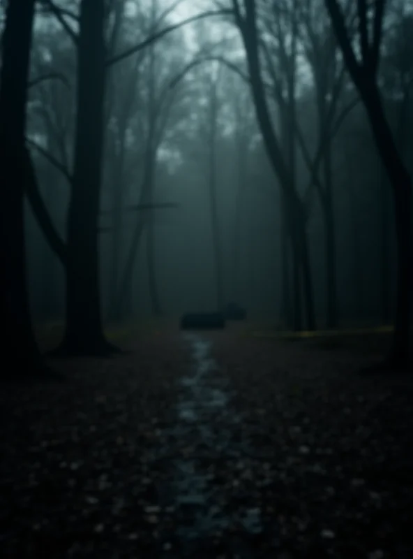 A somber image representing a search in a wooded area, with police tape faintly visible.