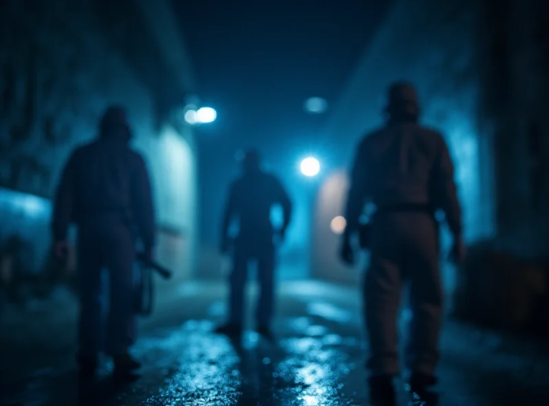 An image representing law enforcement investigation with blurred figures and forensic equipment.