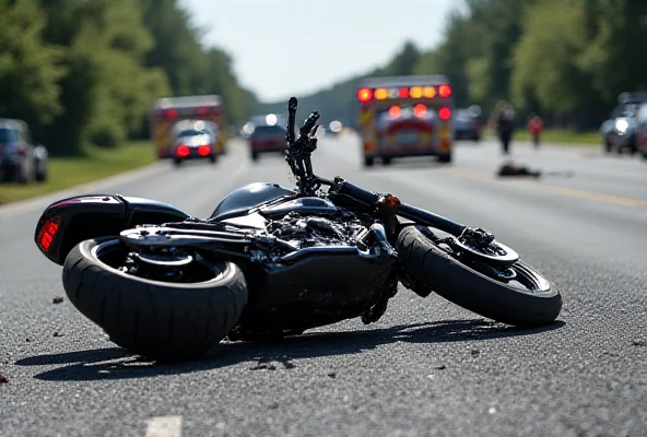 Damaged motorcycle lying on the road after a traffic accident, surrounded by debris and emergency vehicles.