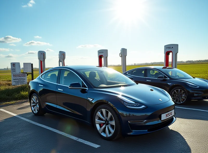 Tesla Model 3 and Model Y cars at a charging station in the UK.