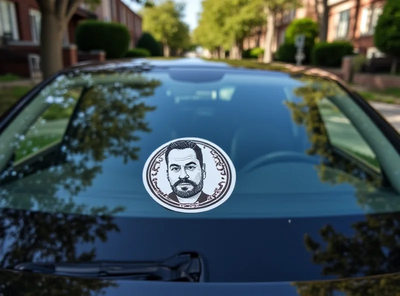 A Tesla car with an Elon Musk sticker on the windshield.