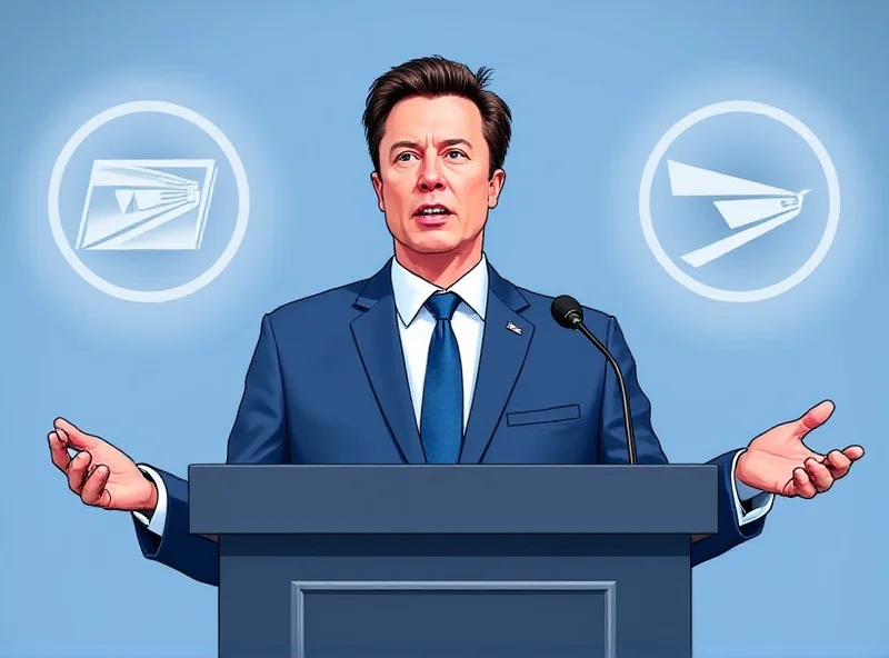 Illustration of Elon Musk giving a speech on privatization, with the USPS and Amtrak logos in the background.