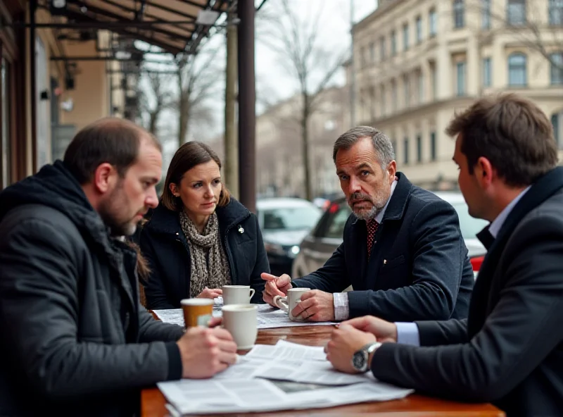 A photograph of people in Kharkiv, Ukraine, discussing politics and the recent meeting at the White House. The atmosphere is serious but determined.