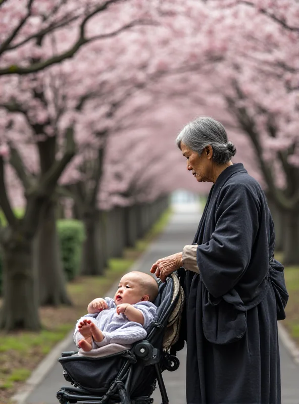 An elderly Japanese woman looking sadly at a baby in a stroller