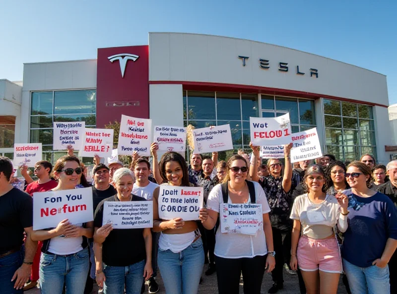 Protesters holding signs criticizing Elon Musk and Tesla outside a Tesla dealership.