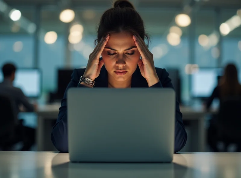 An employee sitting at a desk, looking stressed while reading an email on their laptop.