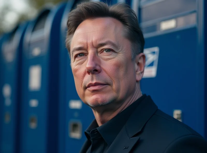Illustration of Elon Musk looking thoughtful superimposed on a blurred image of USPS mailboxes.