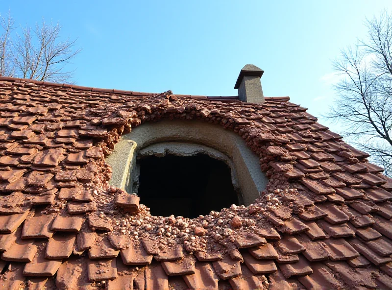 Illustration of a house with a hole in the roof, possibly caused by a meteorite or rocket debris.