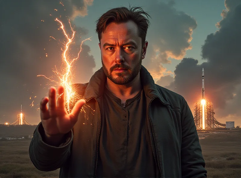 A stylized image depicting Elon Musk as a modern-day Prometheus, holding a lightning bolt representing innovation and disruption, with a backdrop of rockets and government buildings.