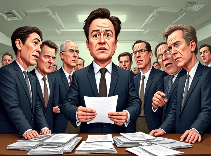 Illustration of Elon Musk holding a questionnaire while being surrounded by angry CIA and FBI agents in a government office.
