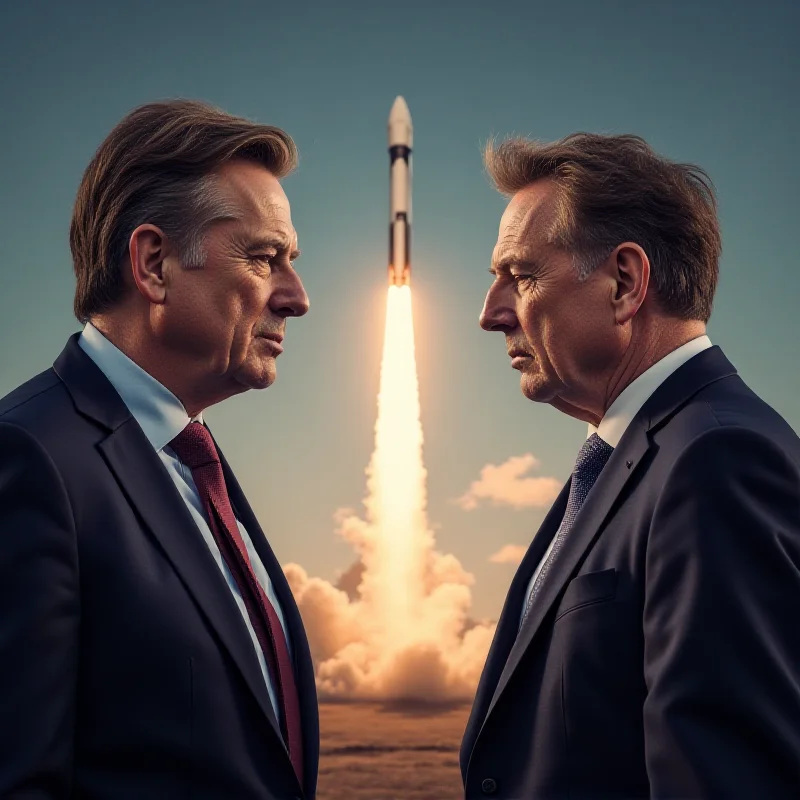 Rupert Lowe and Nigel Farage standing on opposite sides of a political stage, looking serious and determined. A subtle SpaceX rocket launch is visible in the background, representing Elon Musk's influence.
