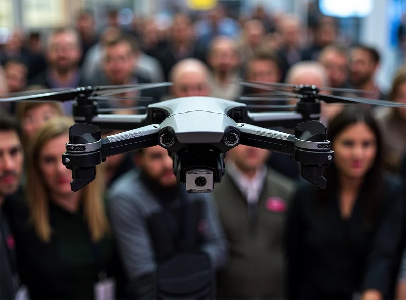 A Czech-engineered drone hovers above a crowd at MWC 2025, its sleek design contrasting with the bustling environment.