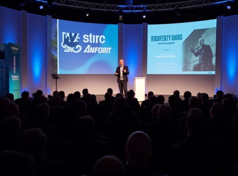A wide shot of the Tower and Fibre Summit at MWC 2025, showing Jan Bongaerts on stage delivering his keynote address.