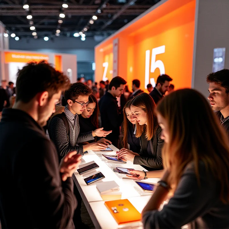 People gathered around the Xiaomi booth at MWC 2025, admiring the Xiaomi 15 and Xiaomi 15 Ultra devices on display.