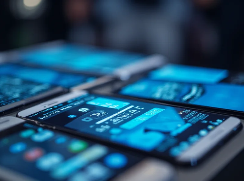 Close-up of various smartphones on display at MWC, showcasing different brands and features.