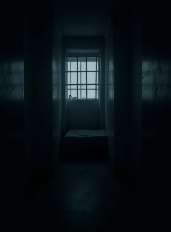 A dimly lit prison cell with a barred window.