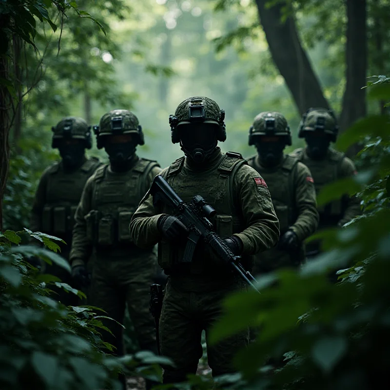 A group of armed soldiers standing in a jungle environment.