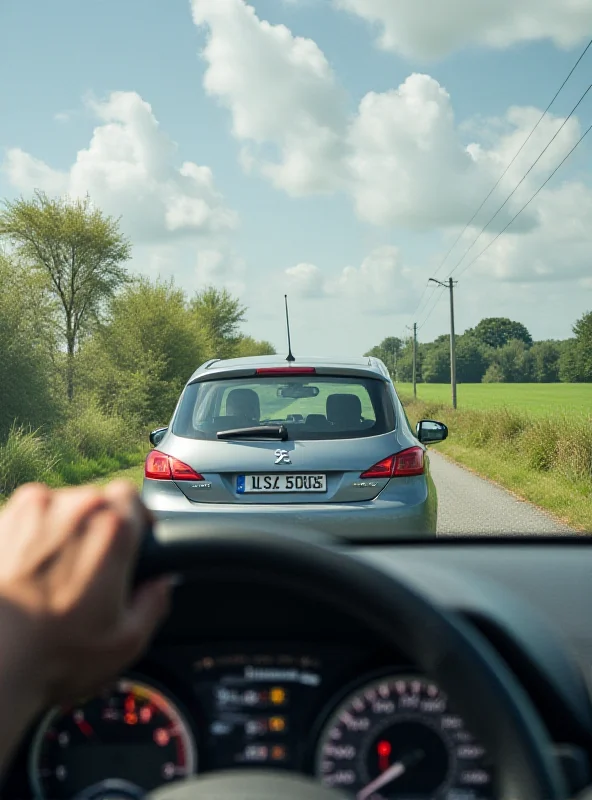A Peugeot car blocking another car on a rural road during the daytime.