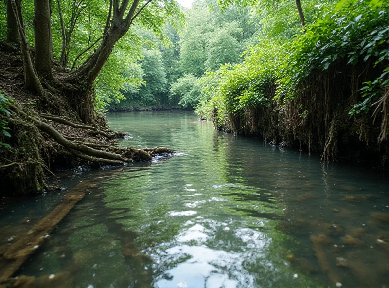 A serene river scene with overgrown roots along the bank, hinting at a dark discovery hidden beneath the surface.