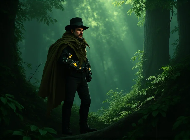 A scene from Clair Obscur: Expedition 33 showing the character Gustave in a lush forest with a magical robot arm, searching for other survivors.