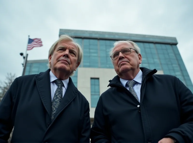 Two serious-looking men in suits standing outside a courthouse, looking relieved.