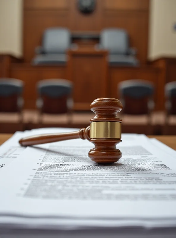 A gavel resting on a stack of legal documents, with a blurred background of a courtroom.