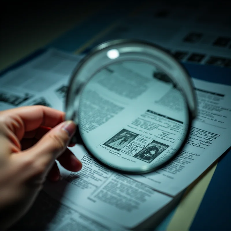 A close-up of a detective's hand holding a magnifying glass over a file, symbolizing investigation and scrutiny.