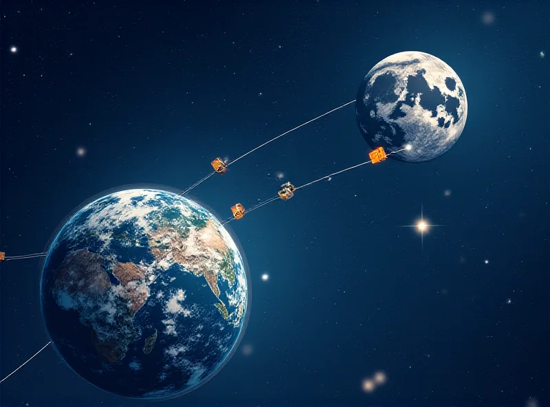 Illustration of GPS satellites orbiting Earth with signal lines reaching the Moon.