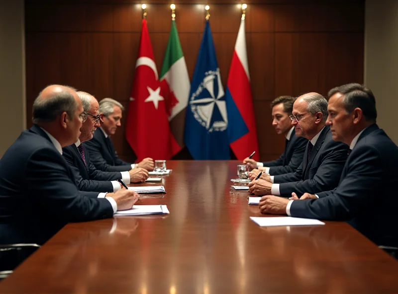 Illustration of NATO leaders sitting around a table in a serious discussion. The flags of NATO member countries are subtly displayed in the background.
