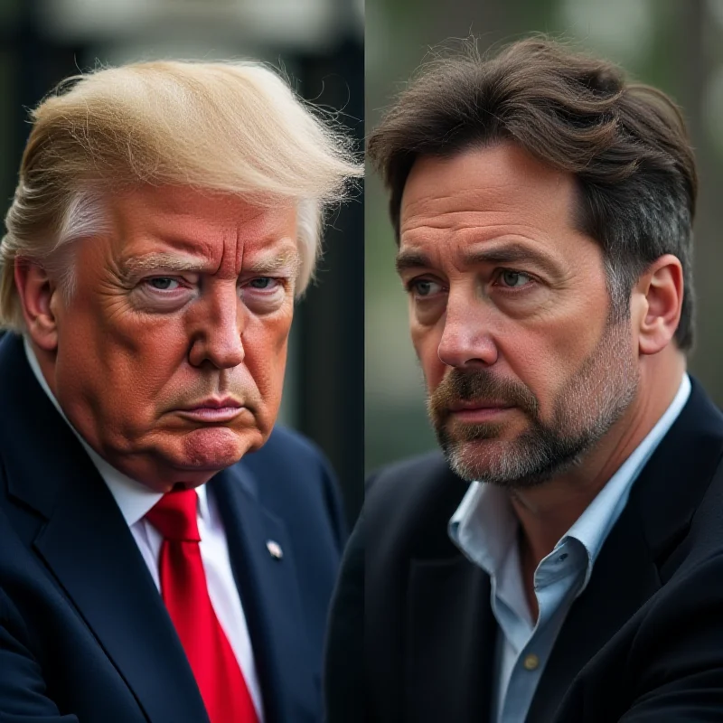 A split image showing Donald Trump and Volodymyr Zelenskyy on opposite sides, looking at each other with serious expressions. The background is blurred to emphasize the tension.