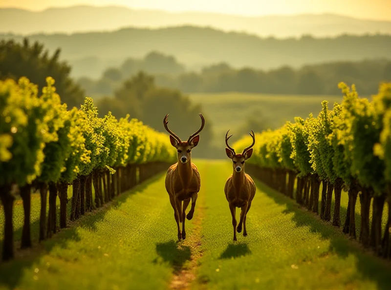 Two deer running through a vineyard in Slovenia.
