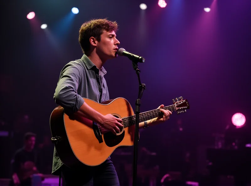 Myles Smith performing on stage with a guitar.