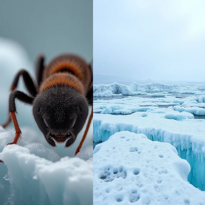 A split image showing the velvet ant and melting glaciers to represent biomimicry and the impact of climate change.