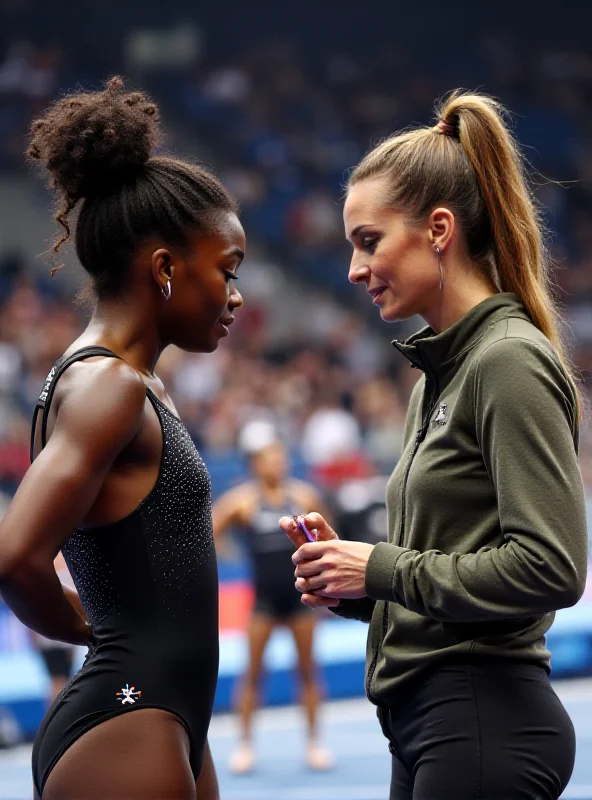 Aimee Boorman coaching Simone Biles during a gymnastics competition.