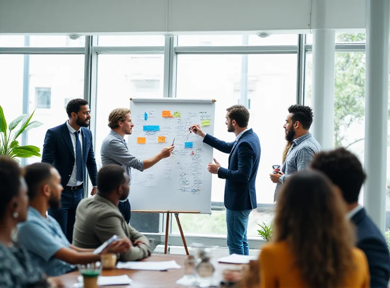 People collaborating in a modern office setting, brainstorming ideas on a whiteboard.