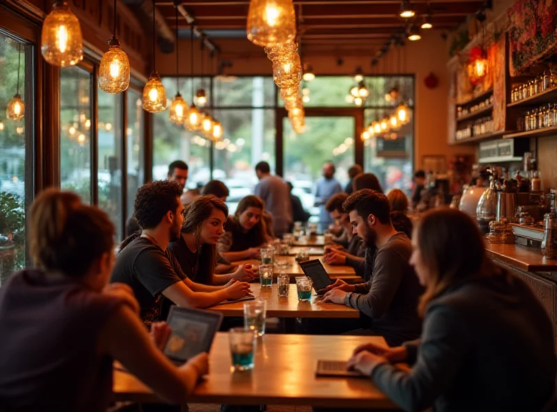 A vibrant, bustling coffee shop with customers enjoying their drinks and food.